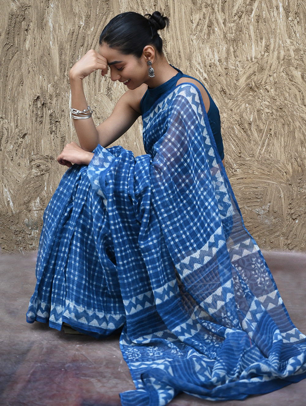Dabu Vibes : Hand Block Printed Kota Doria Saree - Neelrekh