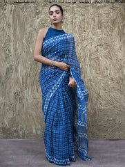 Dabu Vibes : Hand Block Printed Kota Doria Saree - Neelrekh