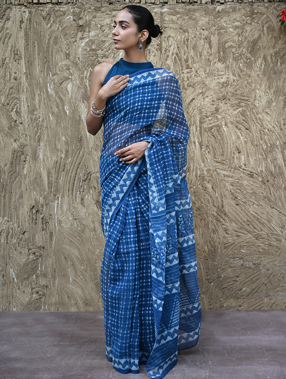 Dabu Vibes : Hand Block Printed Kota Doria Saree - Neelrekh