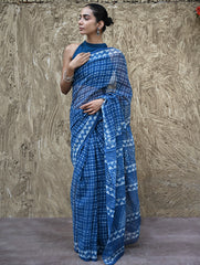 Dabu Vibes : Hand Block Printed Kota Doria Saree - Neelrekh