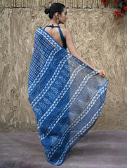 Dabu Vibes : Hand Block Printed Kota Doria Saree - Neelrekh