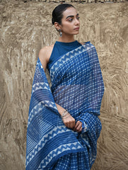 Dabu Vibes : Hand Block Printed Kota Doria Saree - Neelrekh