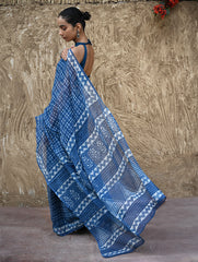 Dabu Vibes : Hand Block Printed Kota Doria Saree - Neelrekh
