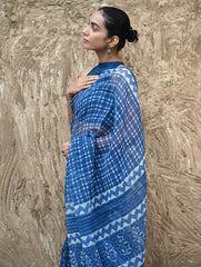 Dabu Vibes : Hand Block Printed Kota Doria Saree - Neelrekh