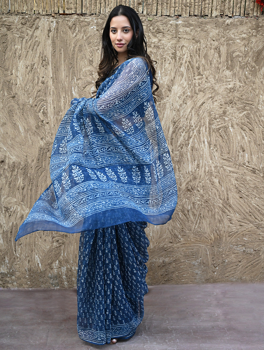 Dabu Vibes : Hand Block Printed Kota Doria Saree - Meghbel