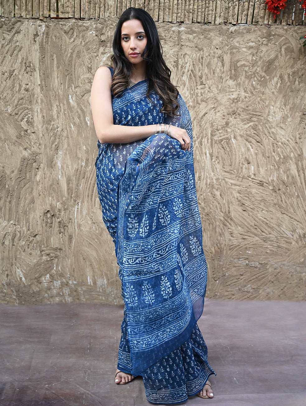 Dabu Vibes : Hand Block Printed Kota Doria Saree - Meghbel
