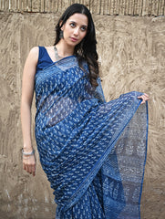 Dabu Vibes : Hand Block Printed Kota Doria Saree - Meghbel