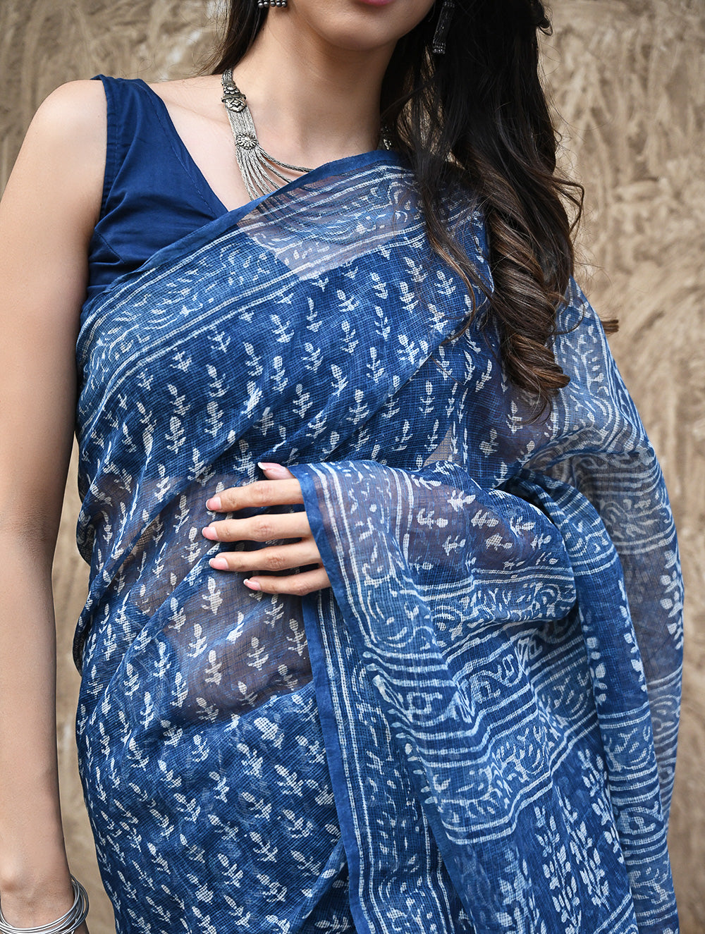 Dabu Vibes : Hand Block Printed Kota Doria Saree - Meghbel