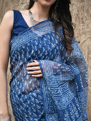 Dabu Vibes : Hand Block Printed Kota Doria Saree - Meghbel