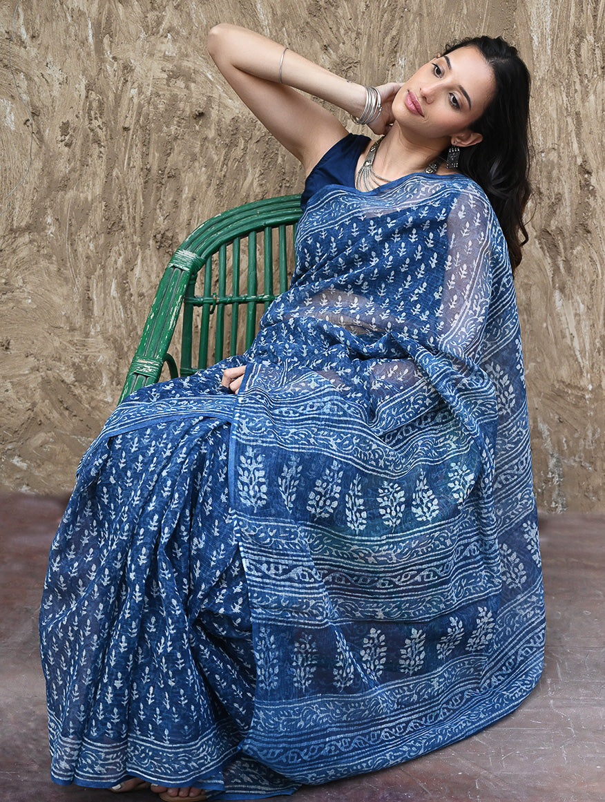 Dabu Vibes : Hand Block Printed Kota Doria Saree - Meghbel
