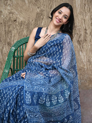 Dabu Vibes : Hand Block Printed Kota Doria Saree - Meghbel