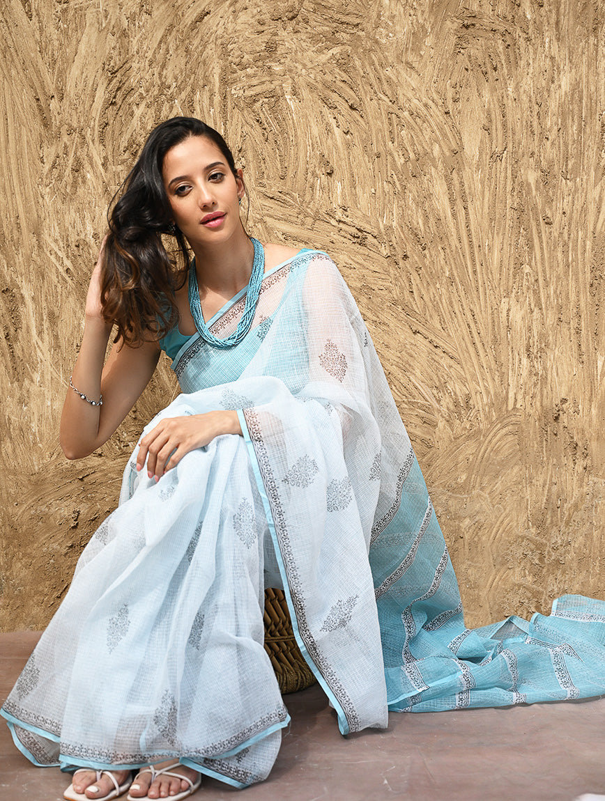 Sanganer Summers : Hand Block Printed Kota Doria Saree - Neel Dhawal