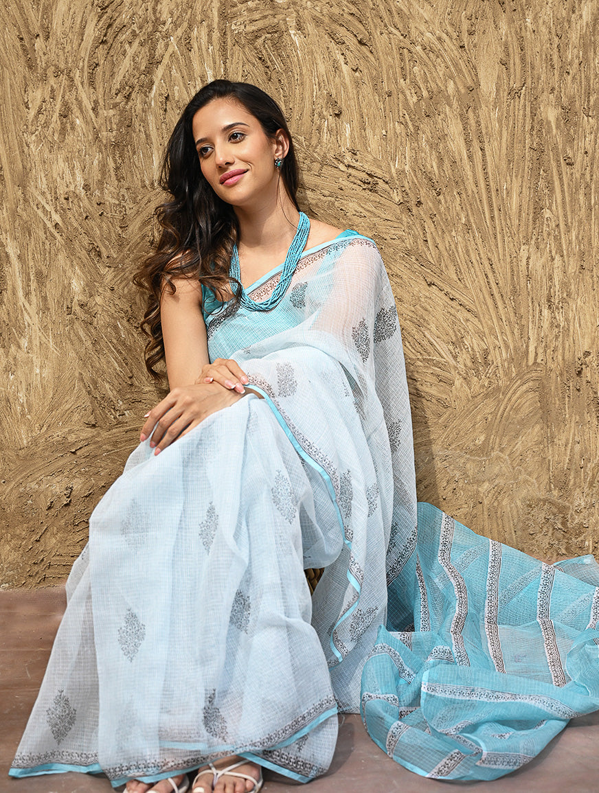 Sanganer Summers : Hand Block Printed Kota Doria Saree - Neel Dhawal