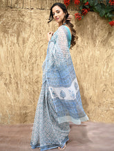 Sanganer Summers : Hand Block Printed Kota Doria Saree - Turquoise Jaal