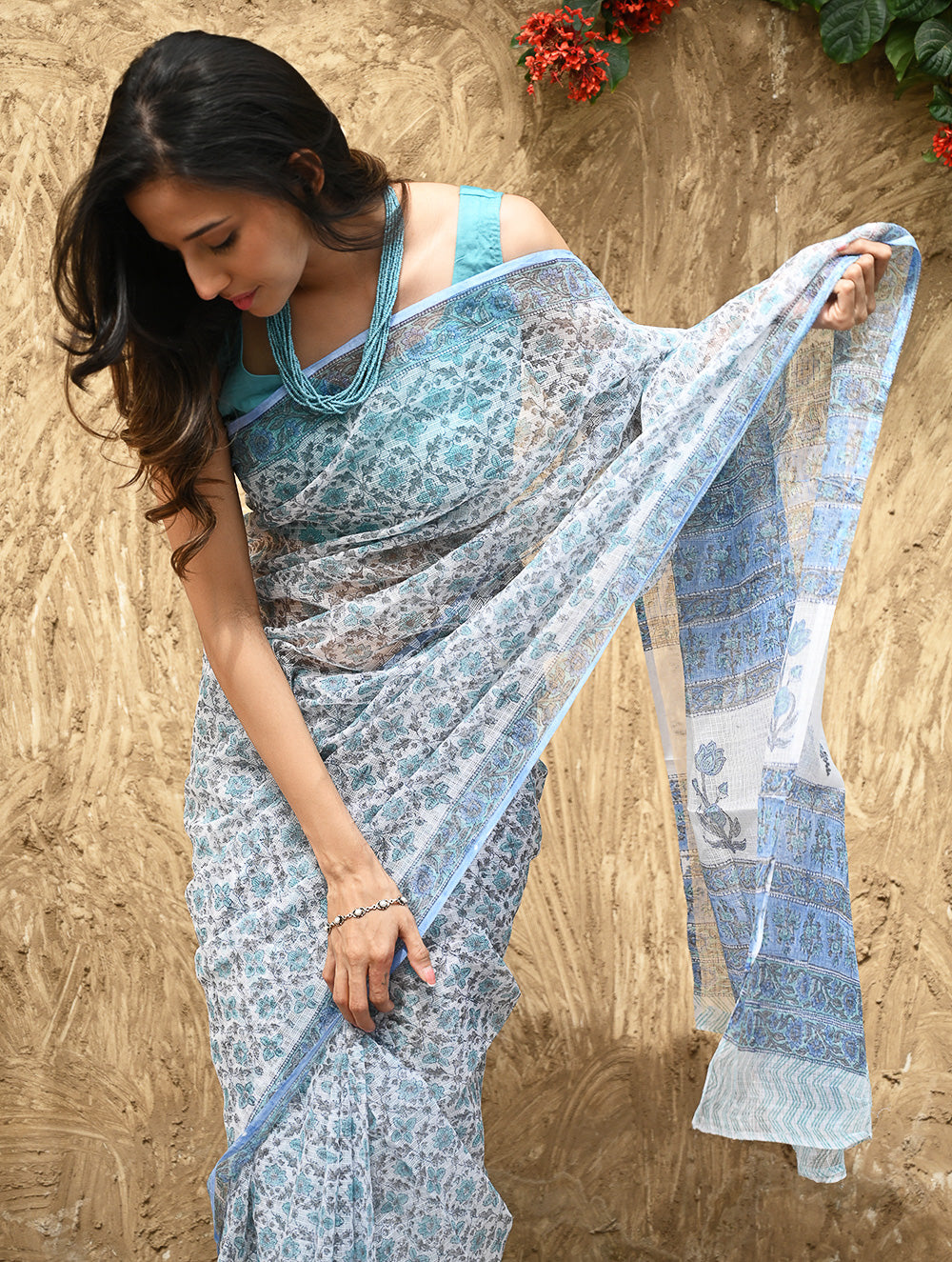 Sanganer Summers : Hand Block Printed Kota Doria Saree - Turquoise Jaal