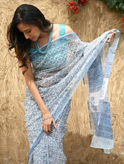 Sanganer Summers : Hand Block Printed Kota Doria Saree - Turquoise Jaal