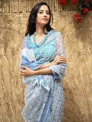 Sanganer Summers : Hand Block Printed Kota Doria Saree - Turquoise Jaal