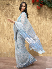 Sanganer Summers : Hand Block Printed Kota Doria Saree - Turquoise Jaal