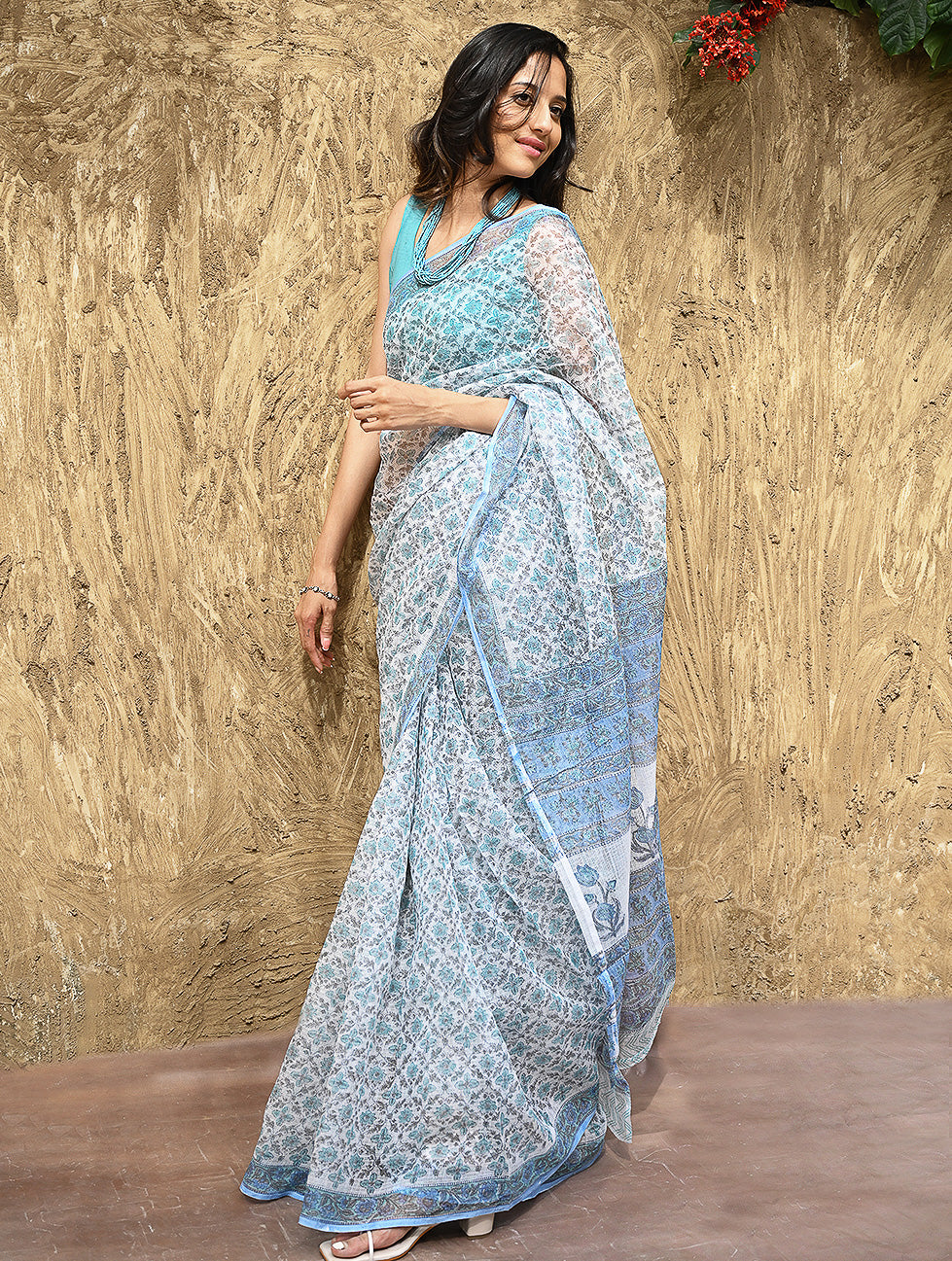 Sanganer Summers : Hand Block Printed Kota Doria Saree - Turquoise Jaal