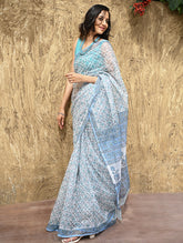 Sanganer Summers : Hand Block Printed Kota Doria Saree - Turquoise Jaal