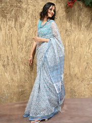 Sanganer Summers : Hand Block Printed Kota Doria Saree - Turquoise Jaal
