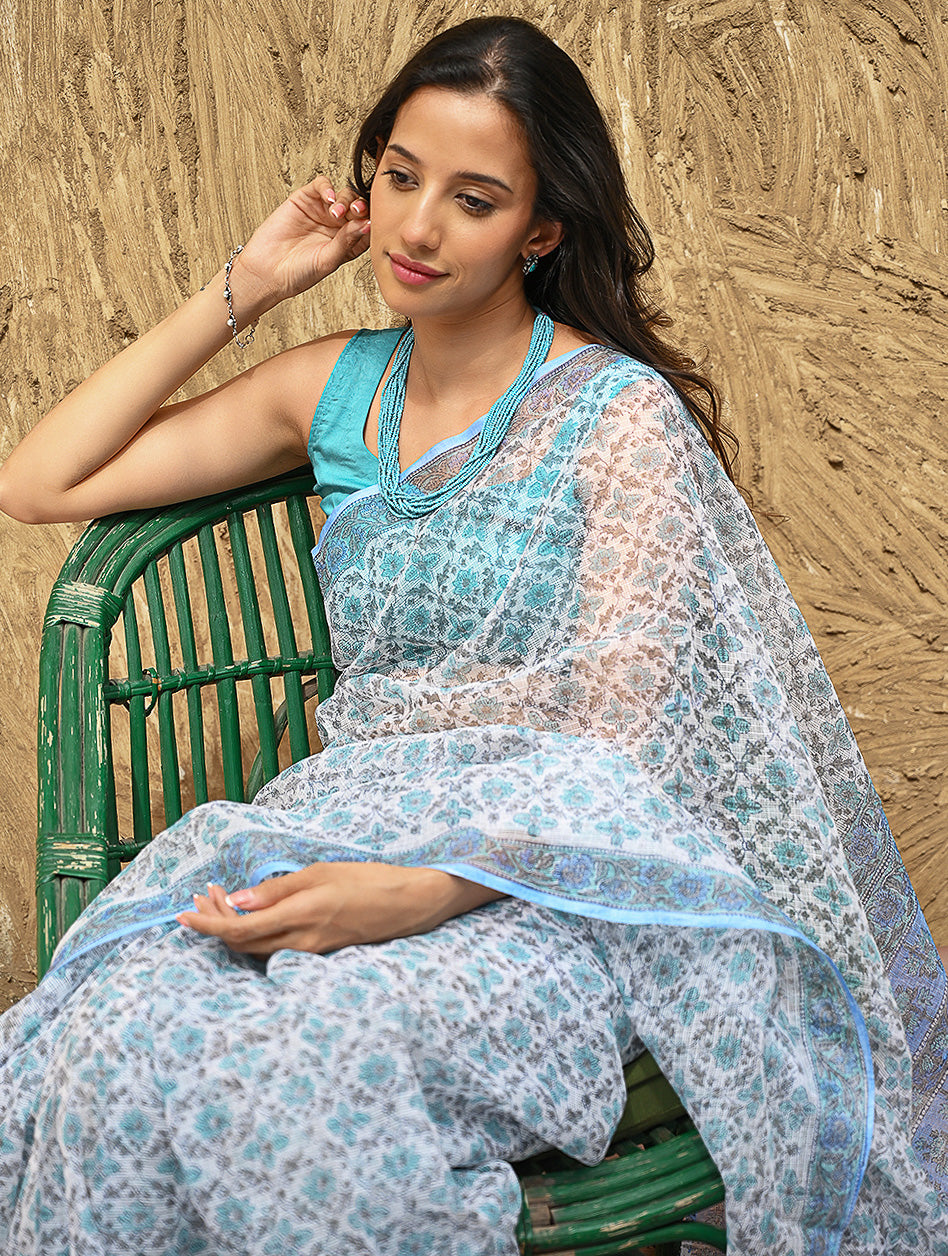 Sanganer Summers : Hand Block Printed Kota Doria Saree - Turquoise Jaal