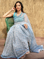 Sanganer Summers : Hand Block Printed Kota Doria Saree - Turquoise Jaal