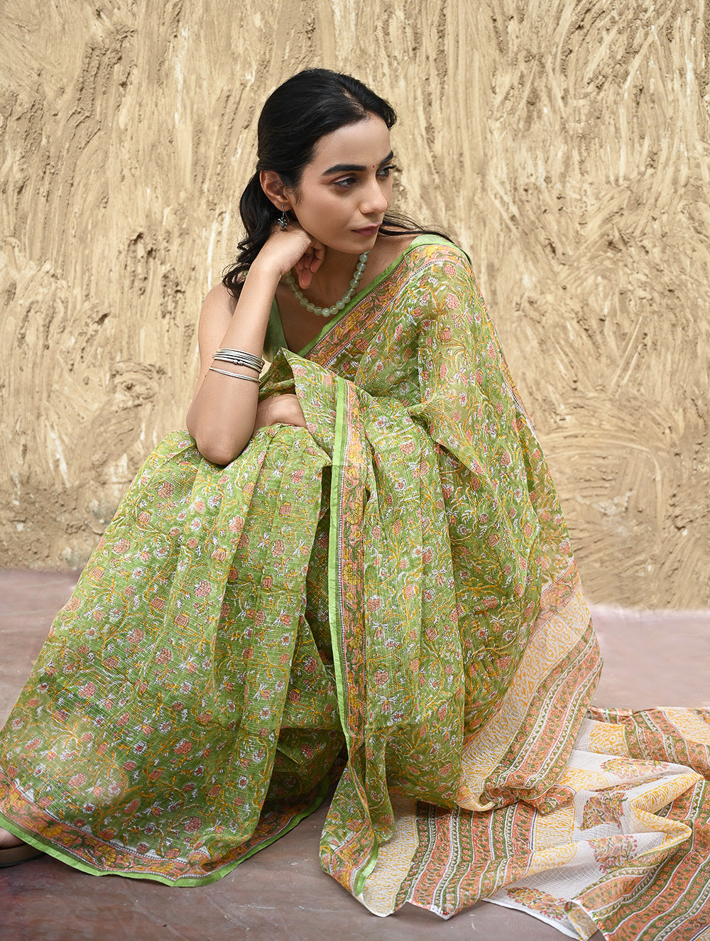 Sanganer Summers : Hand Block Printed Kota Doria Saree - Shalimar Bagh