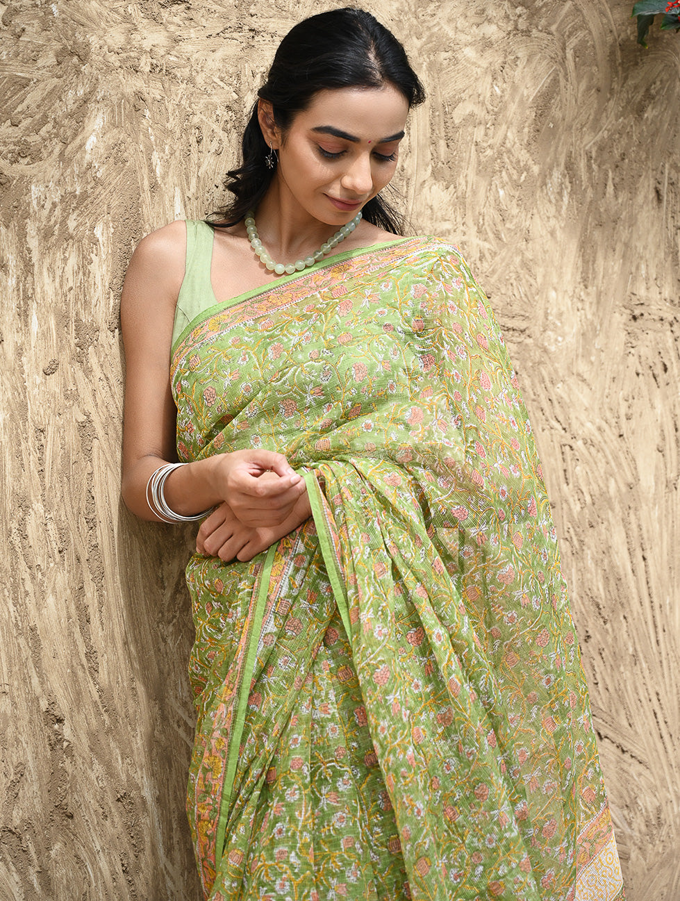 Sanganer Summers : Hand Block Printed Kota Doria Saree - Shalimar Bagh