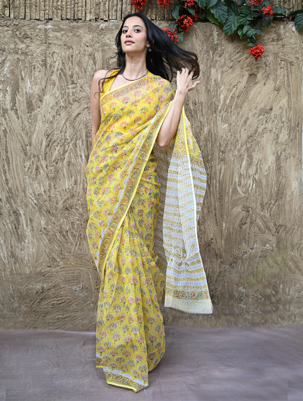 Sanganer Summers : Hand Block Printed Kota Doria Saree - Basant Phoolvan