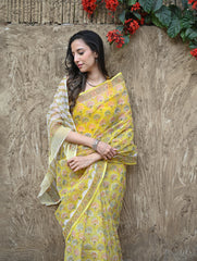 Sanganer Summers : Hand Block Printed Kota Doria Saree - Basant Phoolvan
