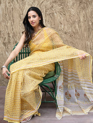 Sanganer Summers : Hand Block Printed Kota Doria Saree - Hald Butaangan