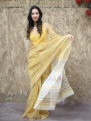 Sanganer Summers : Hand Block Printed Kota Doria Saree - Hald Butaangan