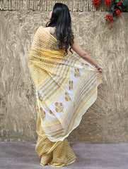 Sanganer Summers : Hand Block Printed Kota Doria Saree - Hald Butaangan