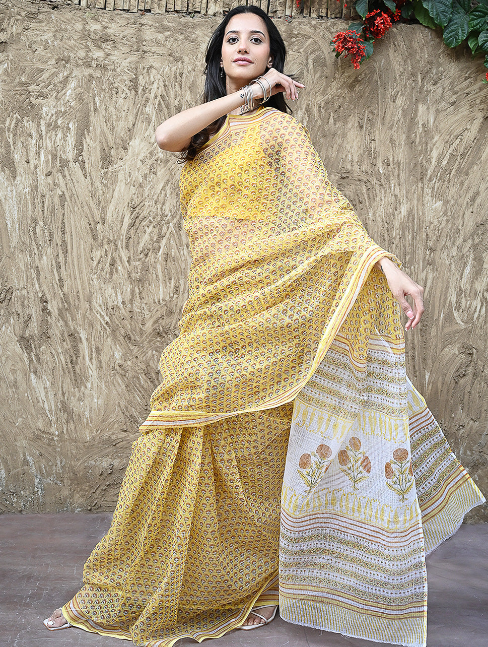 Sanganer Summers : Hand Block Printed Kota Doria Saree - Hald Butaangan