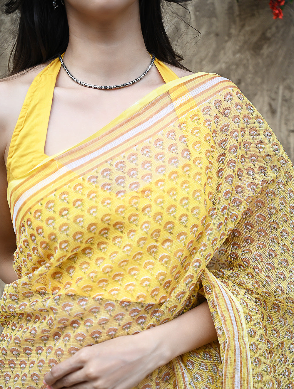 Sanganer Summers : Hand Block Printed Kota Doria Saree - Hald Butaangan