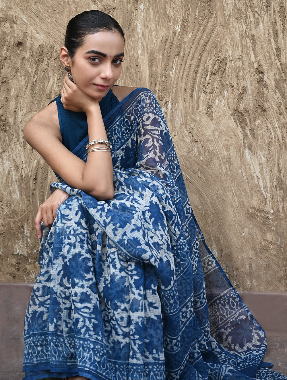 Sanganer Summers : Hand Block Printed Kota Doria Saree - Indigo Maple