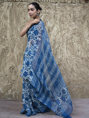 Sanganer Summers : Hand Block Printed Kota Doria Saree - Indigo Maple
