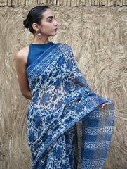 Sanganer Summers : Hand Block Printed Kota Doria Saree - Indigo Maple