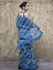 Sanganer Summers : Hand Block Printed Kota Doria Saree - Indigo Maple