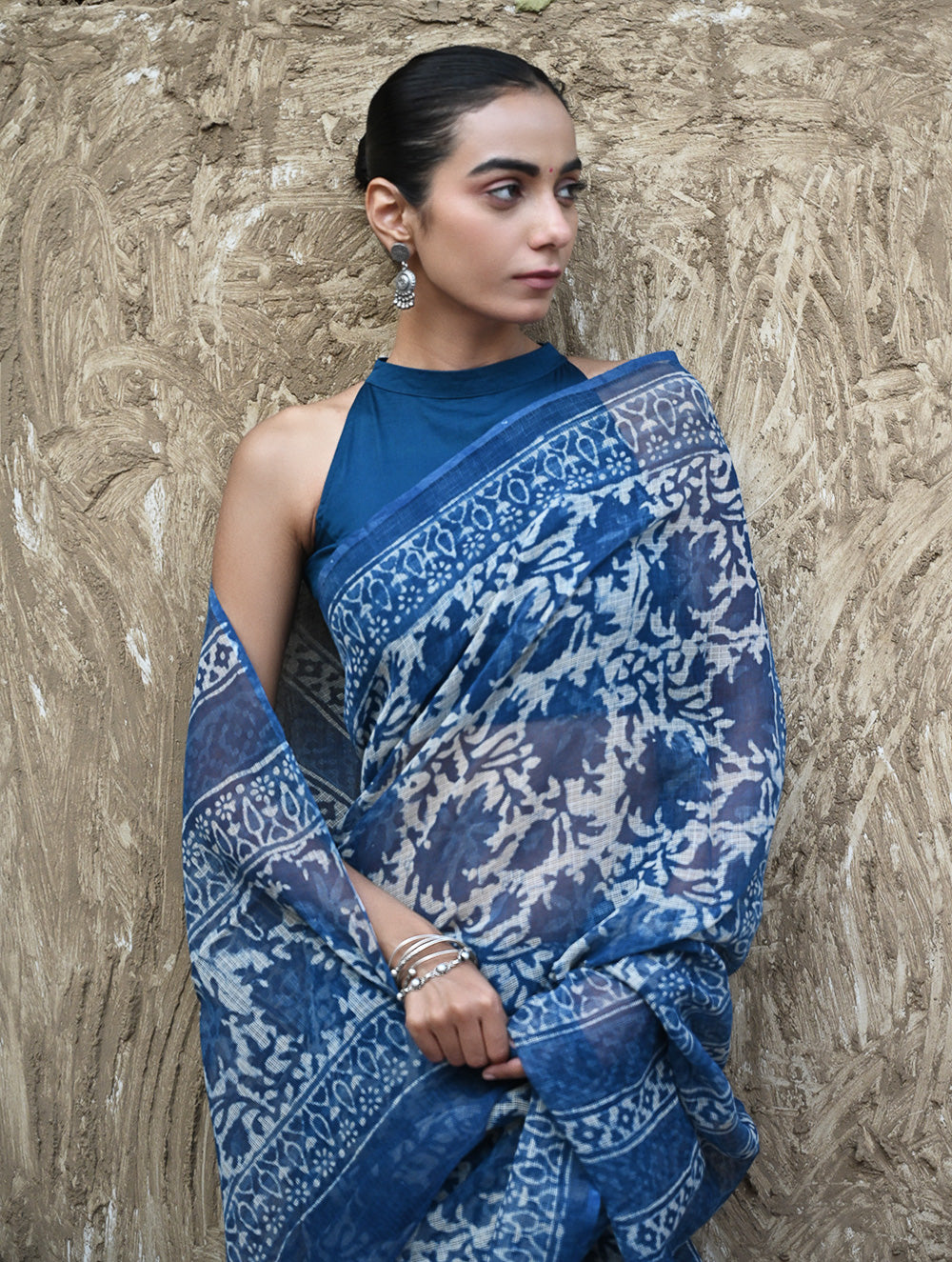 Sanganer Summers : Hand Block Printed Kota Doria Saree - Indigo Maple