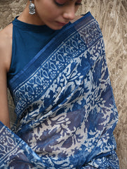 Sanganer Summers : Hand Block Printed Kota Doria Saree - Indigo Maple