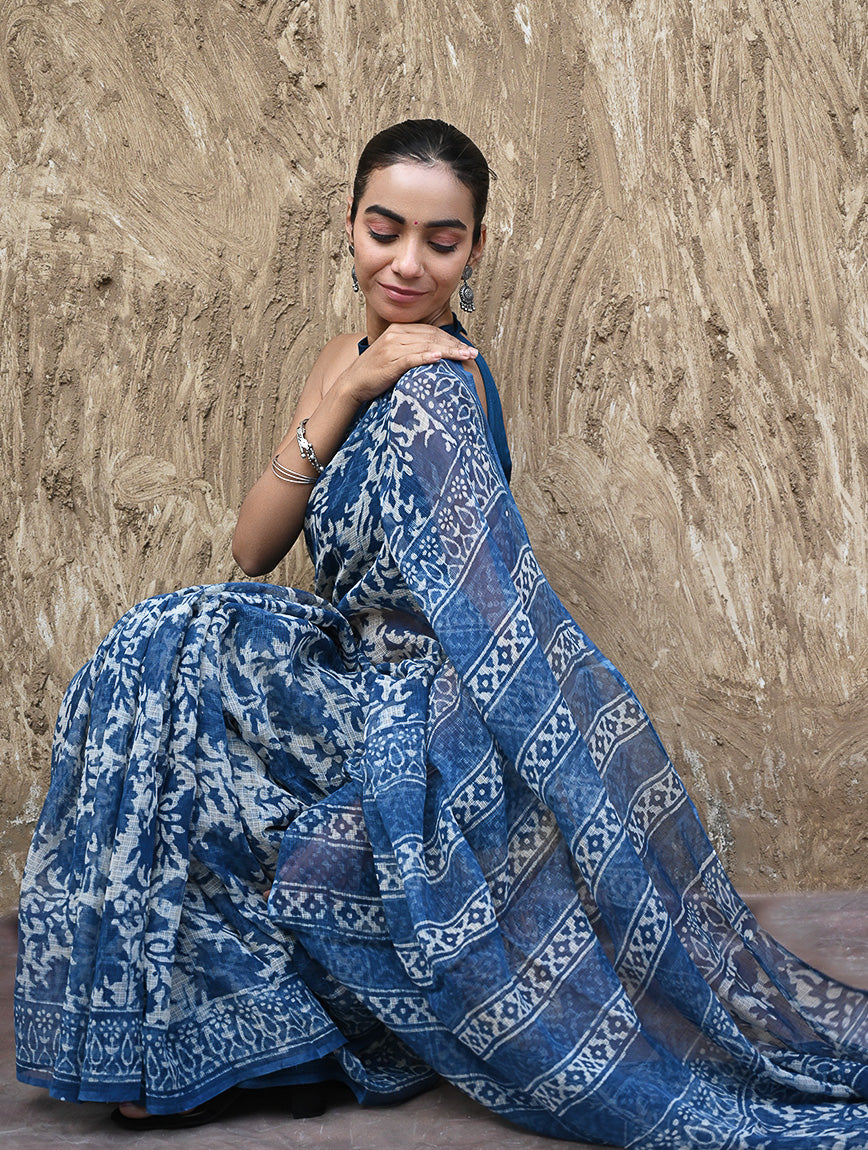 Sanganer Summers : Hand Block Printed Kota Doria Saree - Indigo Maple