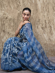 Sanganer Summers : Hand Block Printed Kota Doria Saree - Indigo Maple