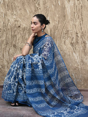 Sanganer Summers : Hand Block Printed Kota Doria Saree - Indigo Maple