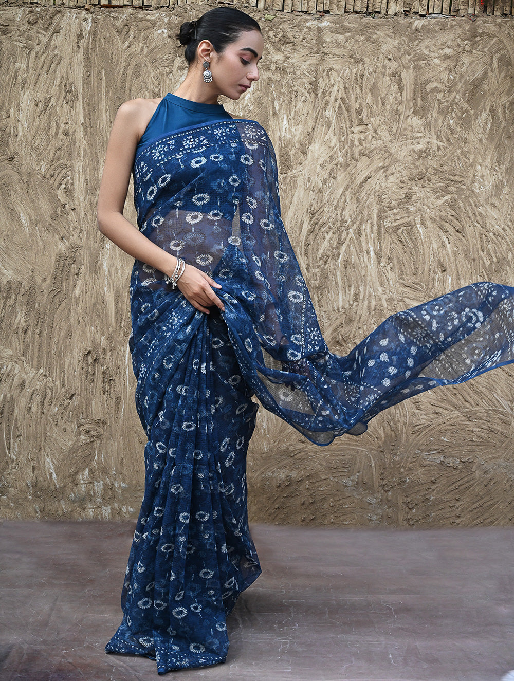 Sanganer Summers : Hand Block Printed Kota Doria Saree - Indigo Daisy Field