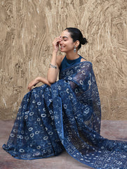 Sanganer Summers : Hand Block Printed Kota Doria Saree - Indigo Daisy Field