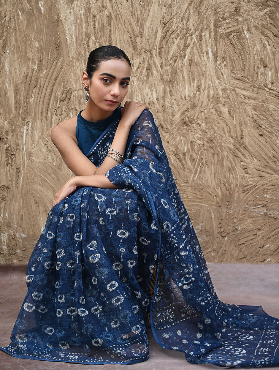 Sanganer Summers : Hand Block Printed Kota Doria Saree - Indigo Daisy Field