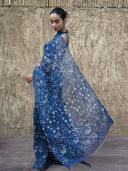 Sanganer Summers : Hand Block Printed Kota Doria Saree - Indigo Daisy Field