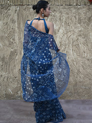 Sanganer Summers : Hand Block Printed Kota Doria Saree - Indigo Daisy Field